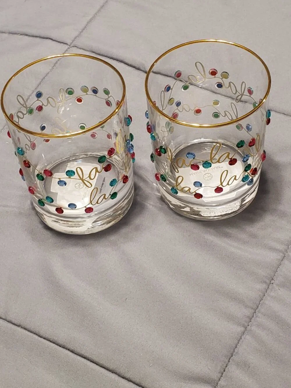 Mary Square Rhinestone Lights Rocks Glass Set -Gold Rim Brand New! Great Gift!